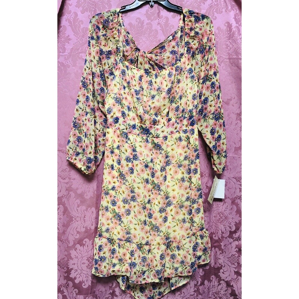 Rewind Juniors Dress Yellow/Flowered Square-neck Size 2X Long Sleeves Skater hgd